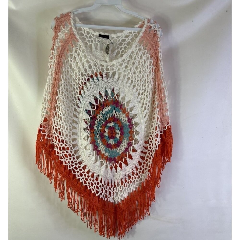 New Coco Carmen Rainbow Crochet Fringe Poncho Sweater Shirt Rave